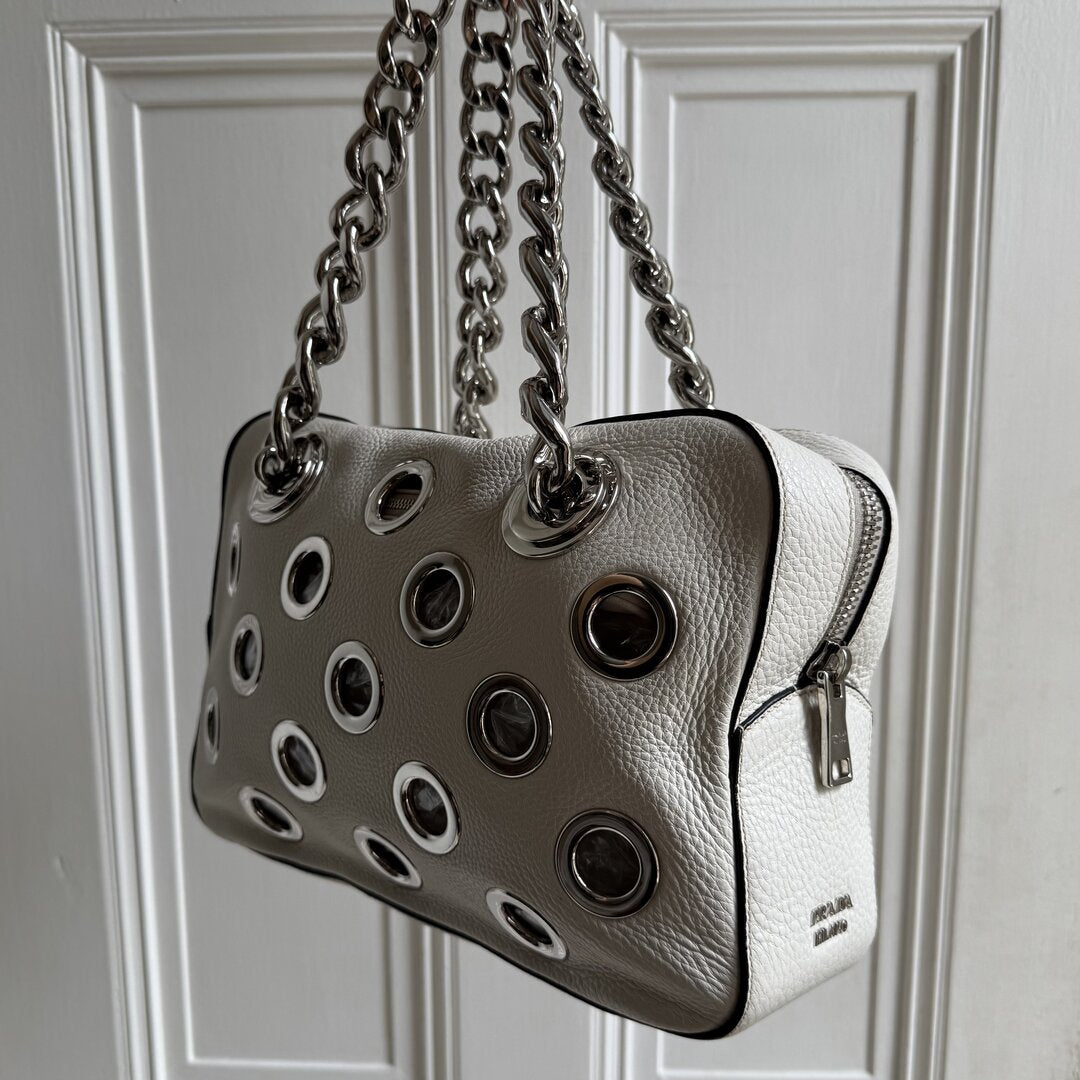 2001 Prada Grommet White Leather Chain Shoulder Bag