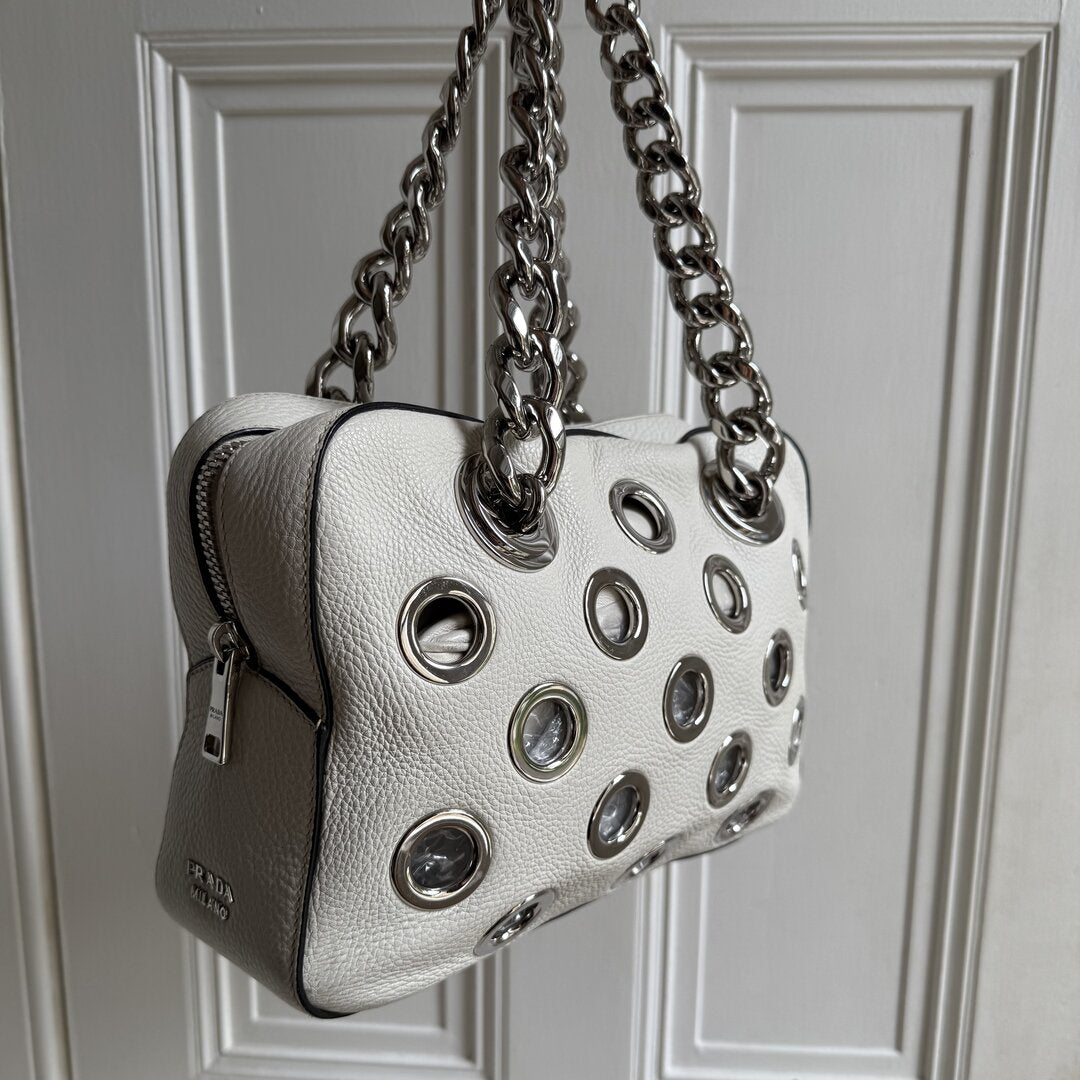 2001 Prada Grommet White Leather Chain Shoulder Bag