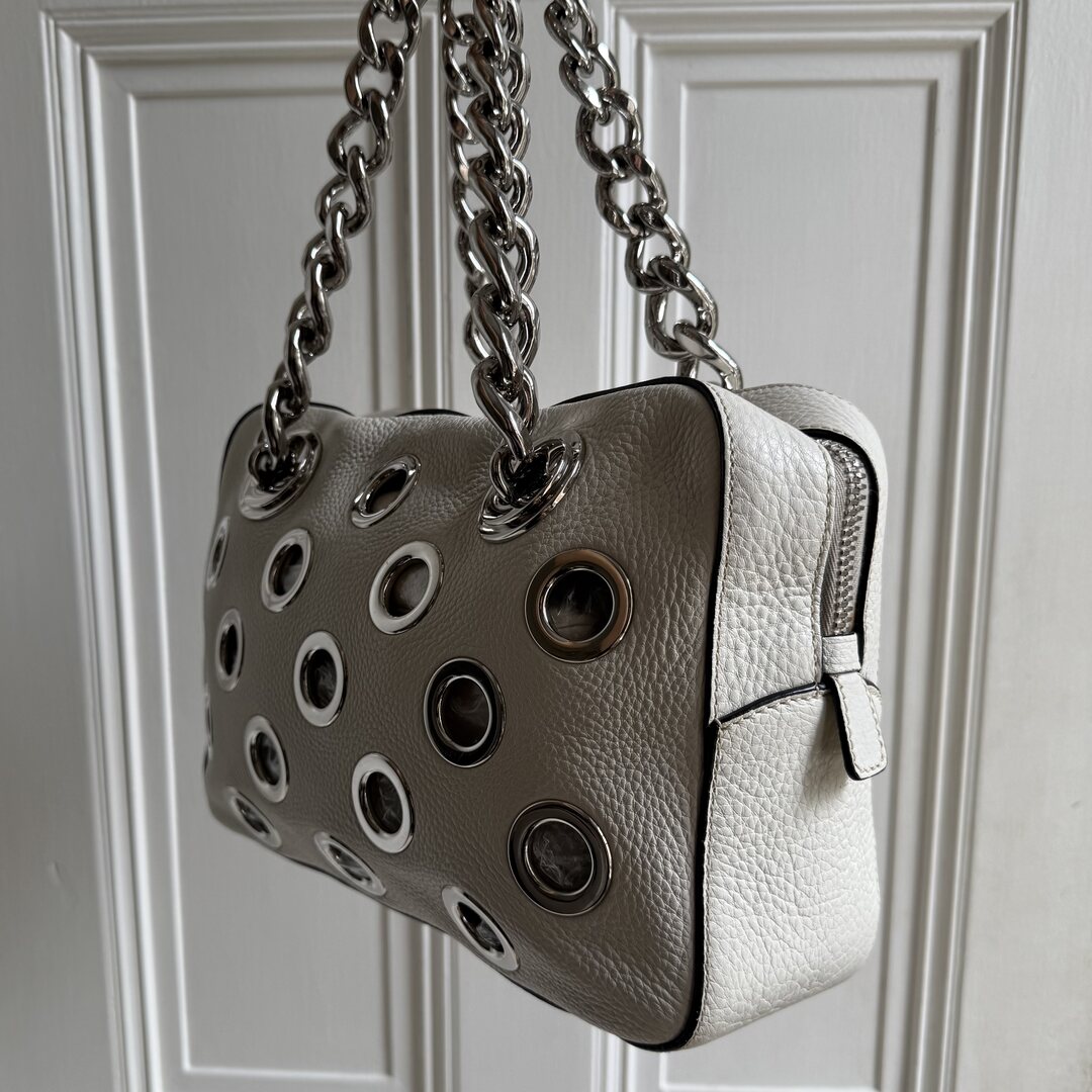 2001 Prada Grommet White Leather Chain Shoulder Bag