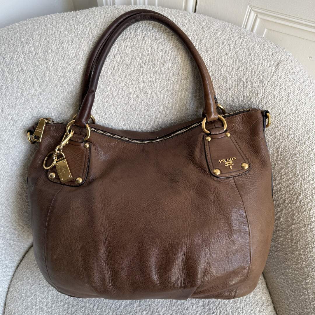 2009 Prada Cervo Shine Brown Leather Shoulder Bag