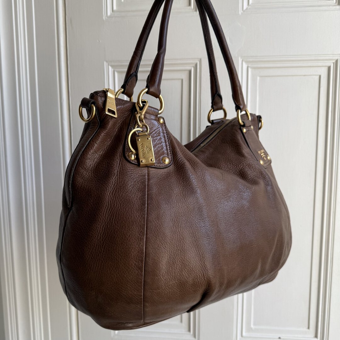 2009 Prada Cervo Shine Brown Leather Shoulder Bag
