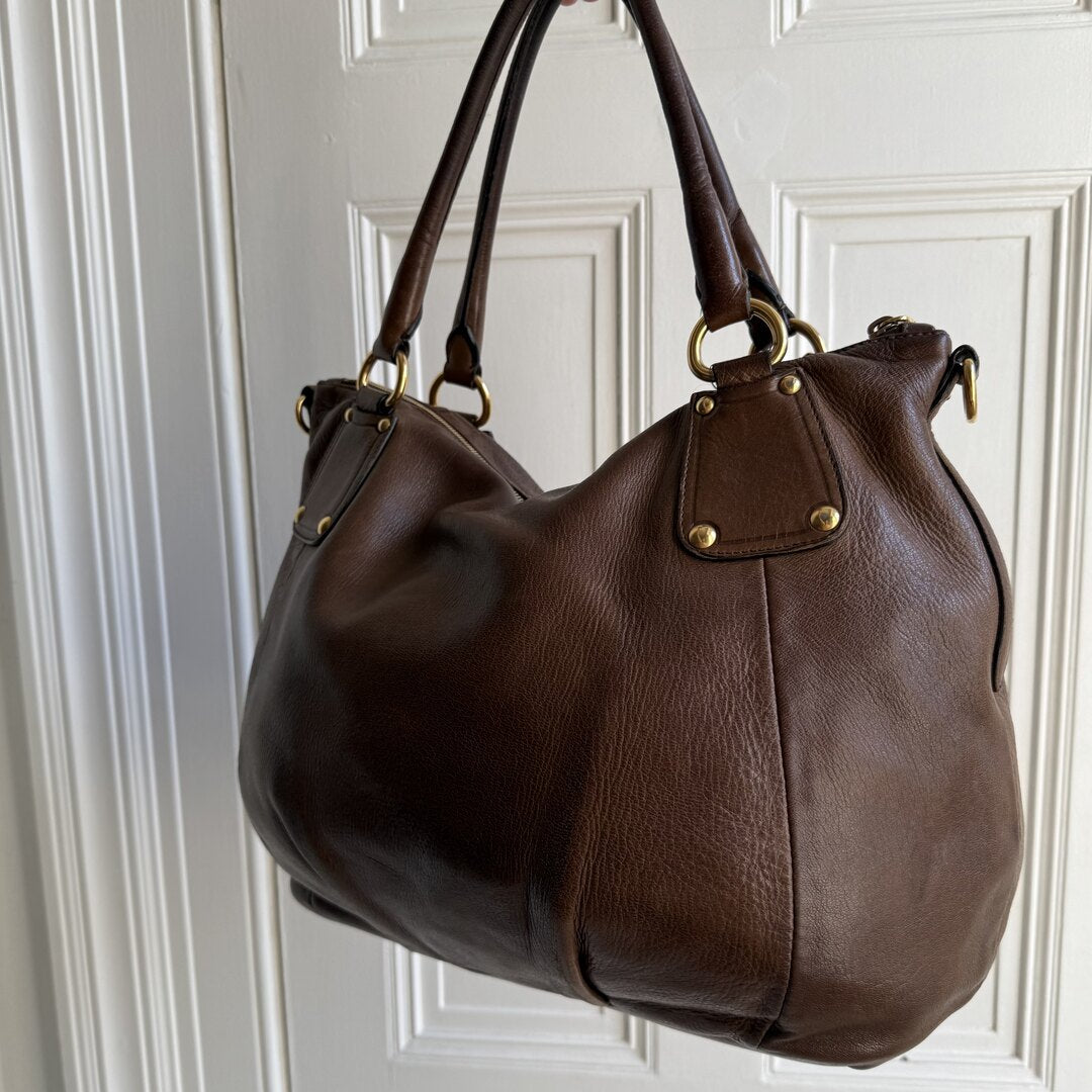 2009 Prada Cervo Shine Brown Leather Shoulder Bag