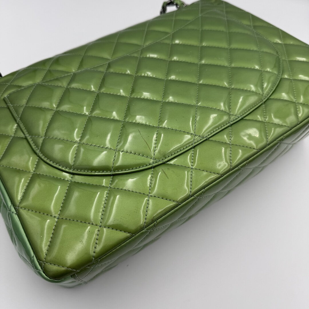 2012 Chanel CC Jumbo Double Flap Patent Leather Green Shoulder Bag