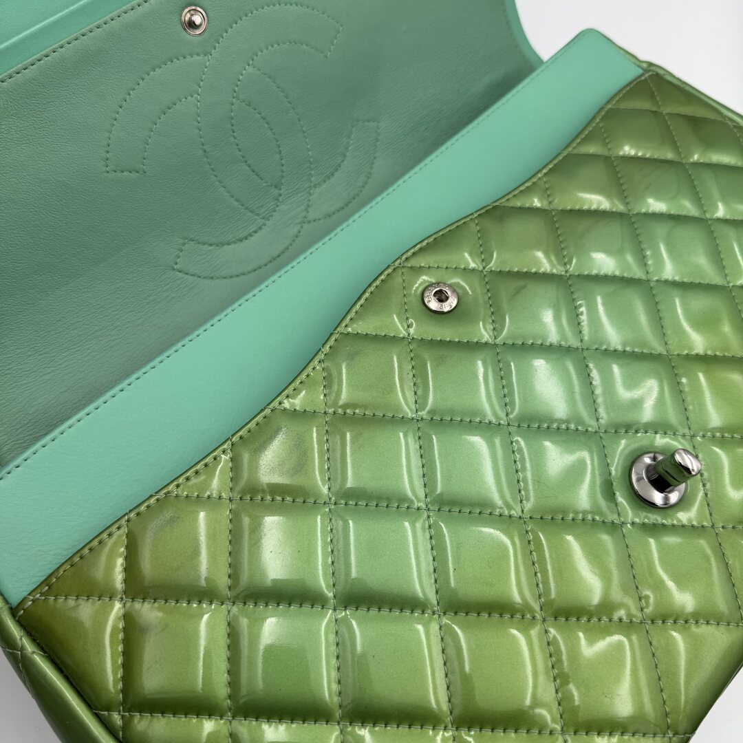 2012 Chanel CC Jumbo Double Flap Patent Leather Green Shoulder Bag