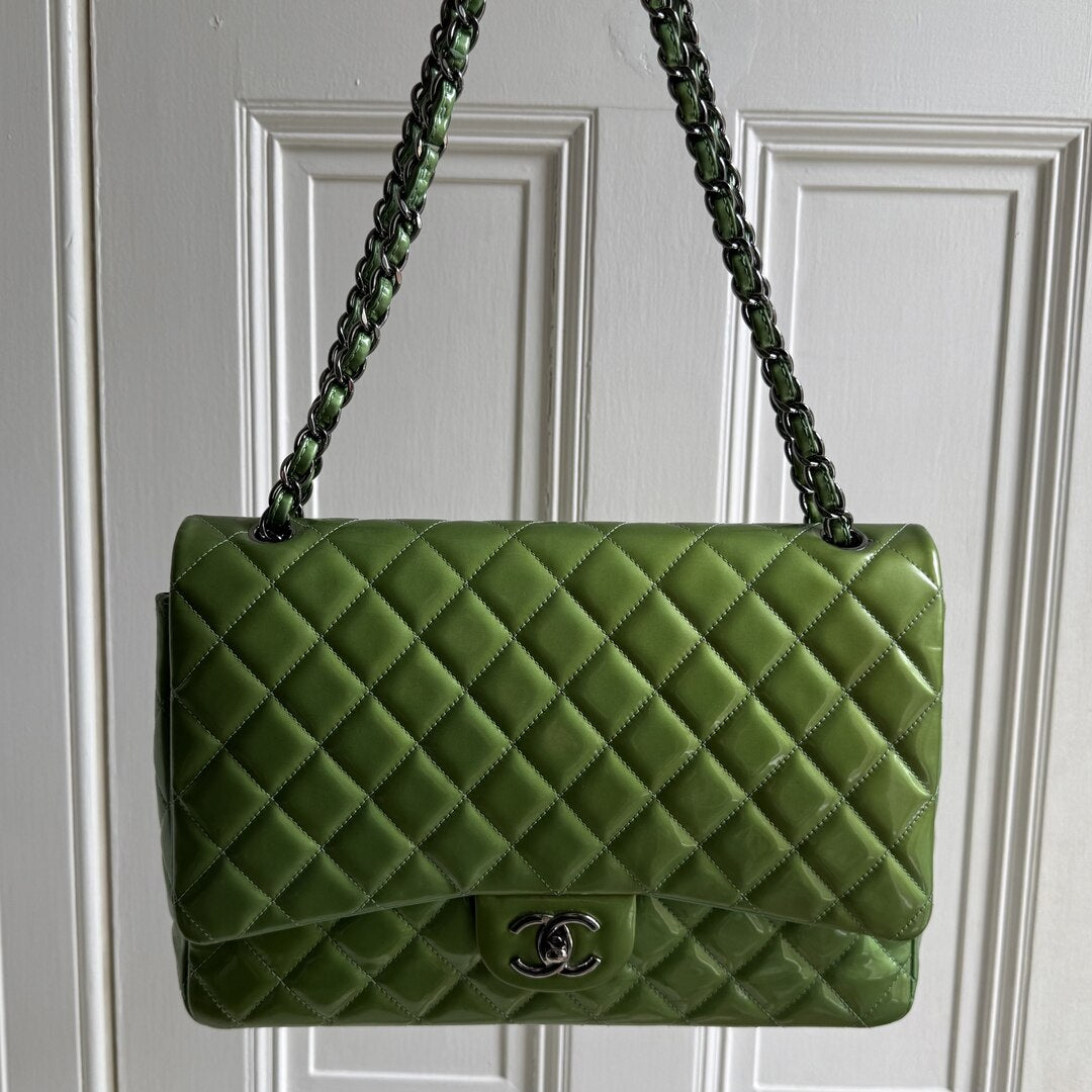 2012 Chanel CC Jumbo Double Flap Patent Leather Green Shoulder Bag