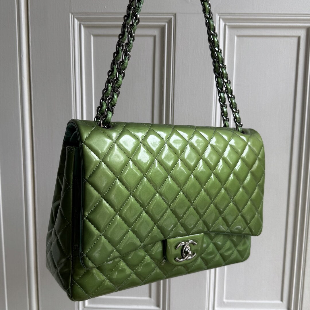 2012 Chanel CC Jumbo Double Flap Patent Leather Green Shoulder Bag