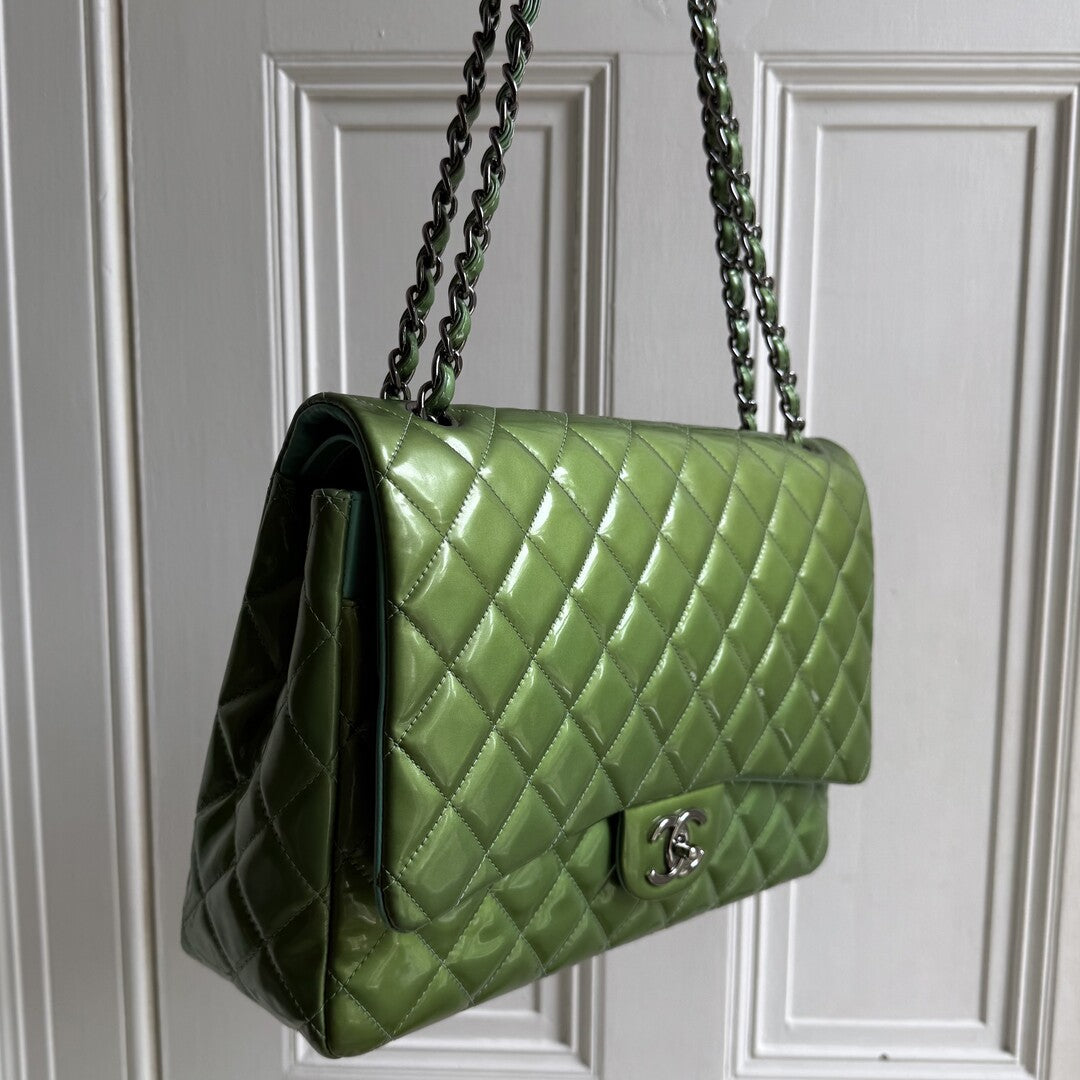2012 Chanel CC Jumbo Double Flap Patent Leather Green Shoulder Bag