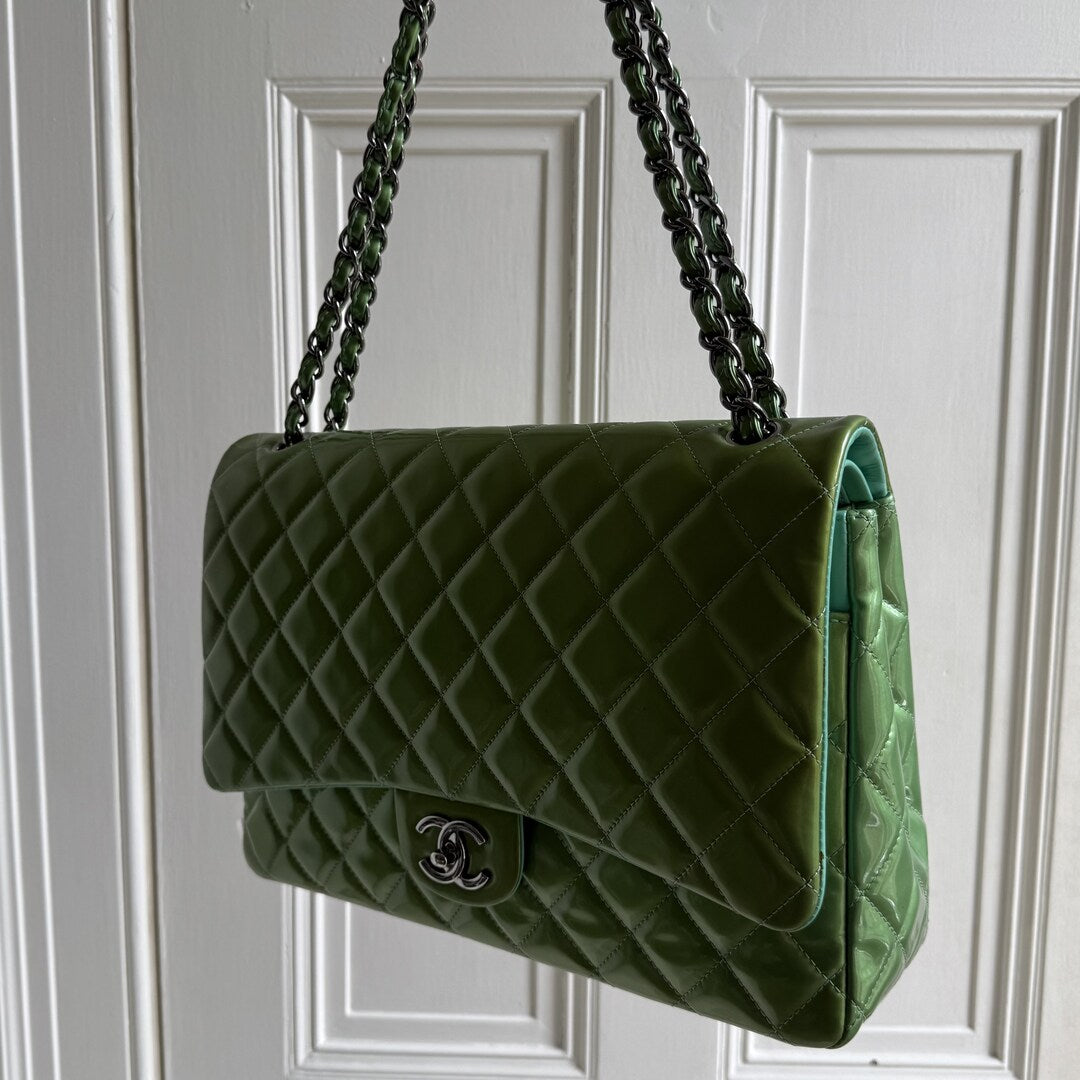 2012 Chanel CC Jumbo Double Flap Patent Leather Green Shoulder Bag