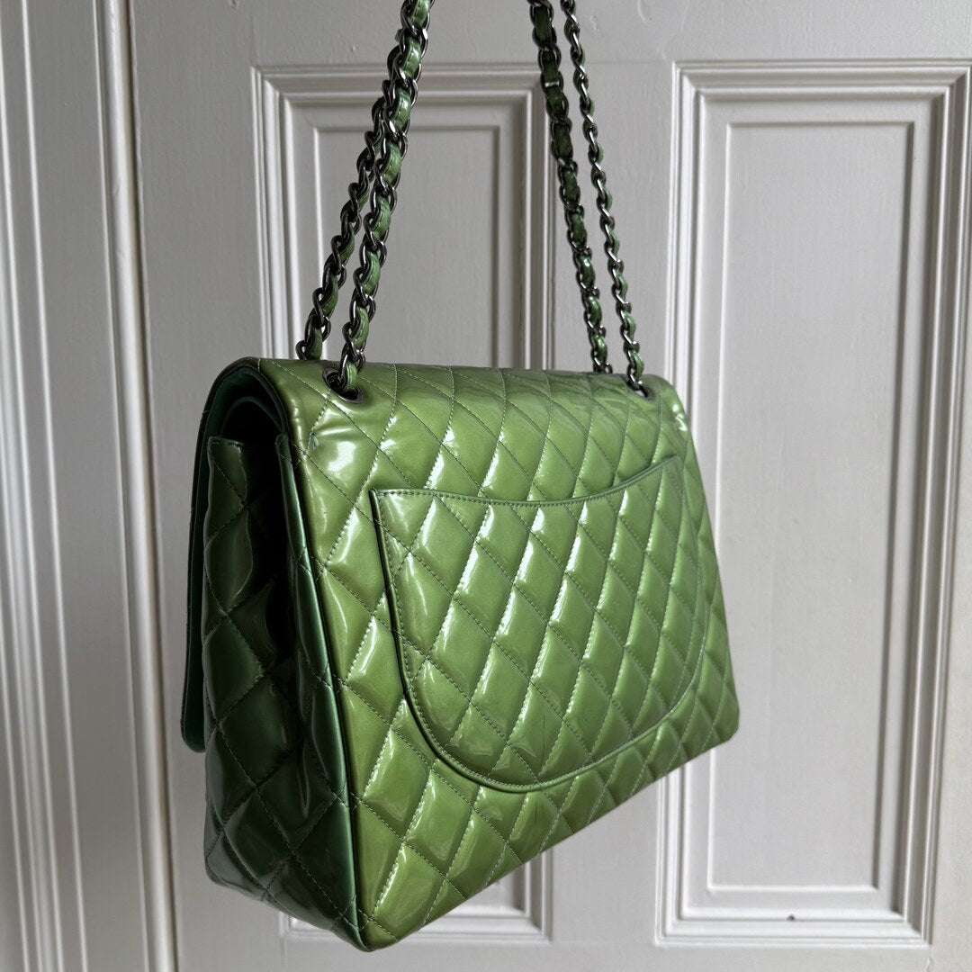 2012 Chanel CC Jumbo Double Flap Patent Leather Green Shoulder Bag