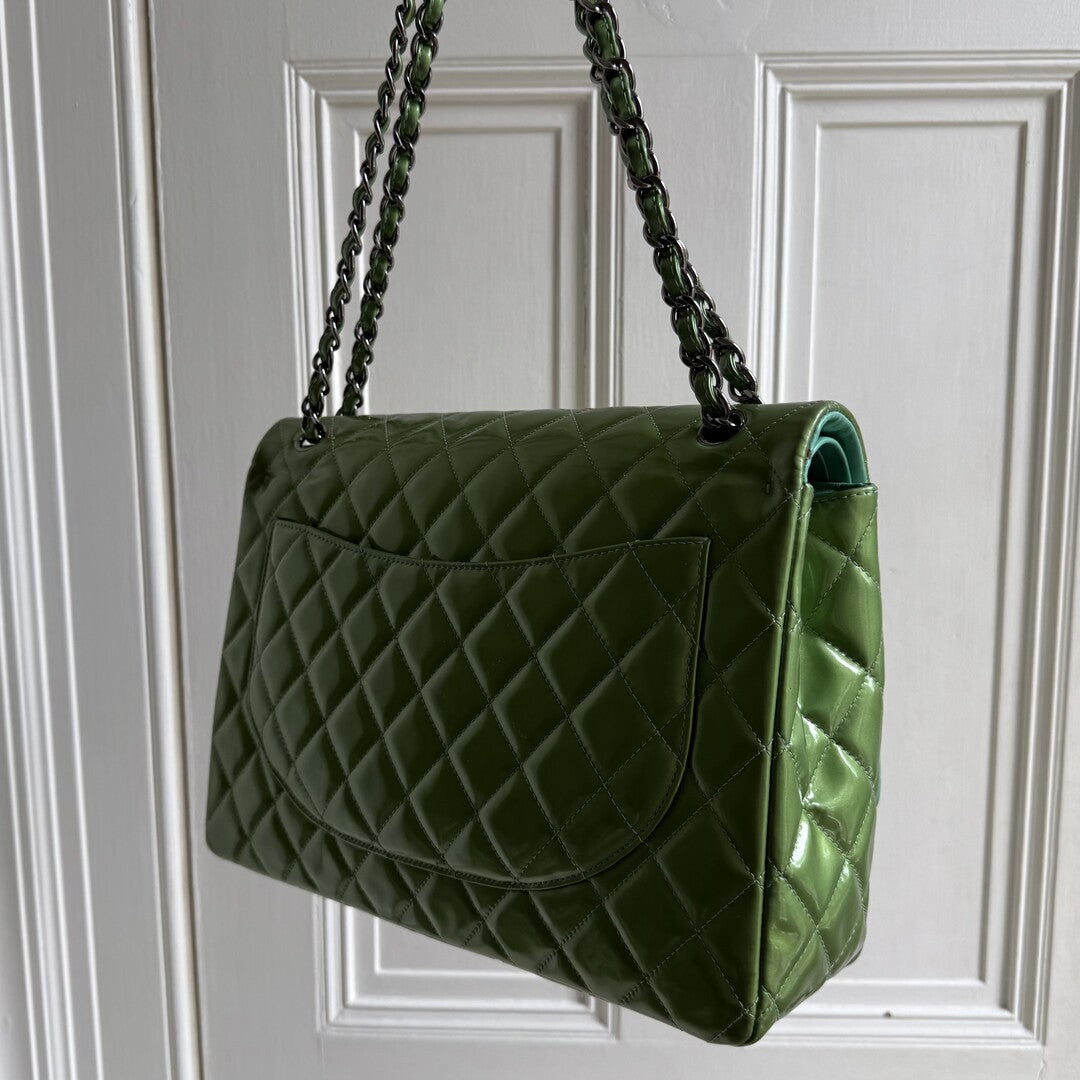 2012 Chanel CC Jumbo Double Flap Patent Leather Green Shoulder Bag