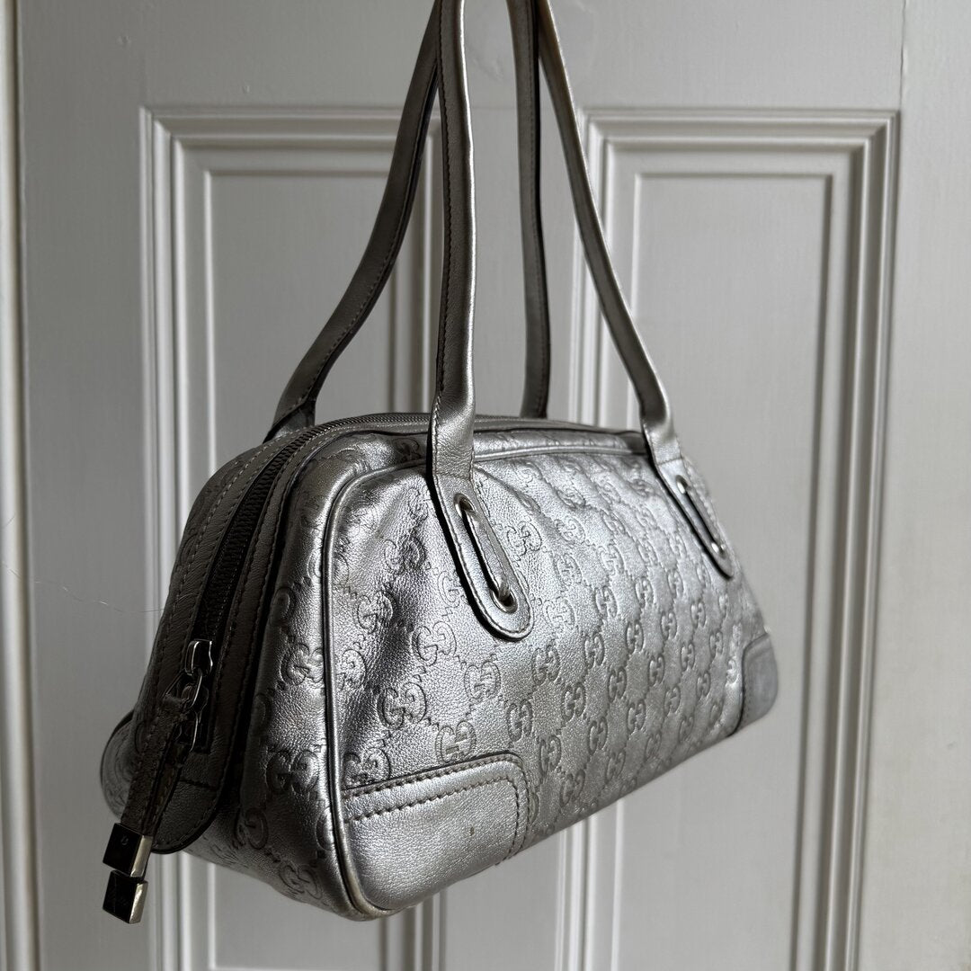 Gucci Guccissima Princy Metallic Silver Leather Shoulder Bag