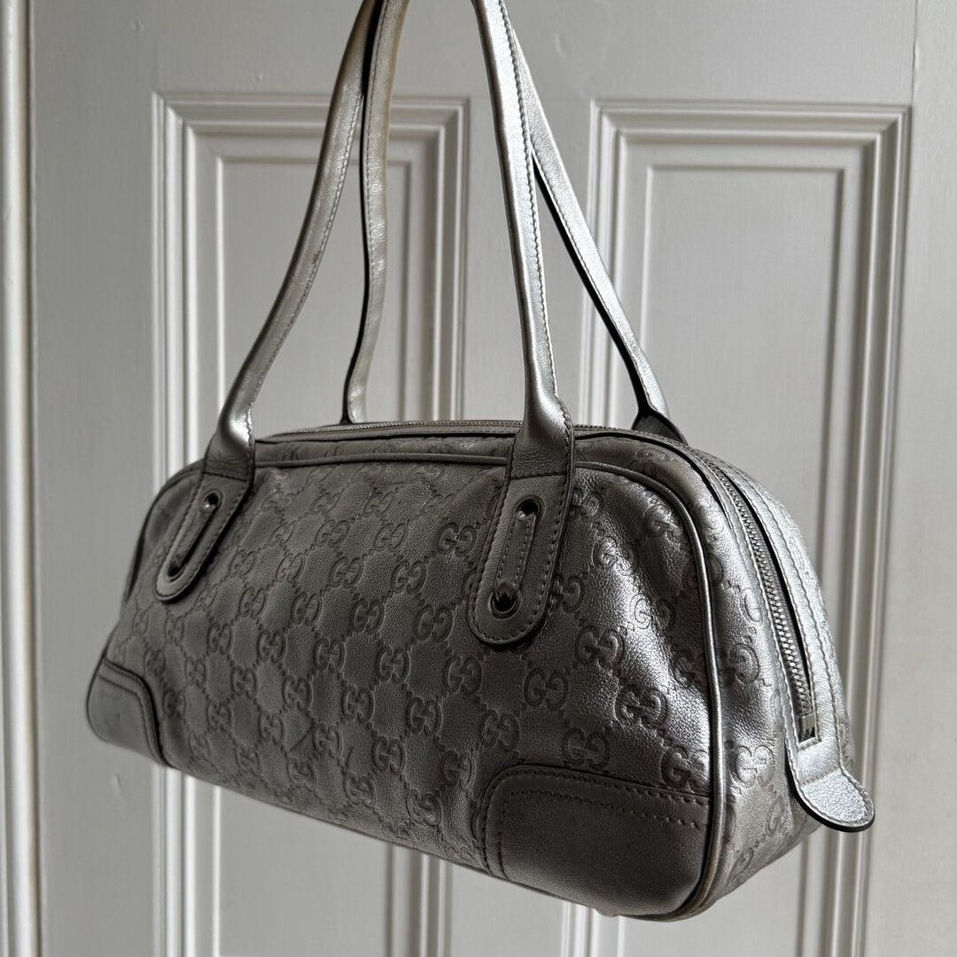 Gucci Guccissima Princy Metallic Silver Leather Shoulder Bag