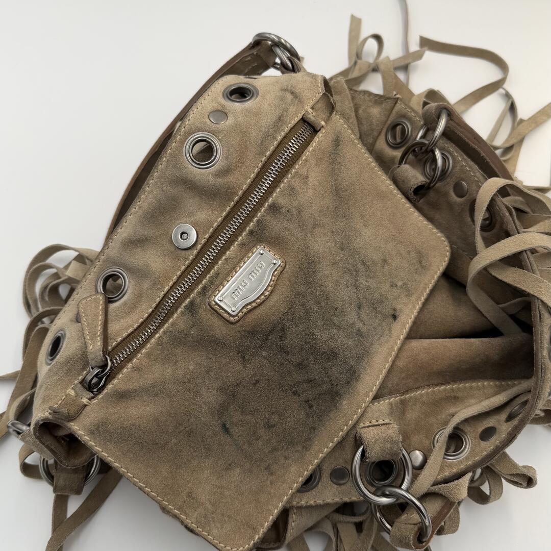 RARE Miu Miu Fringe Trim Stud Suede Taupe Handbag