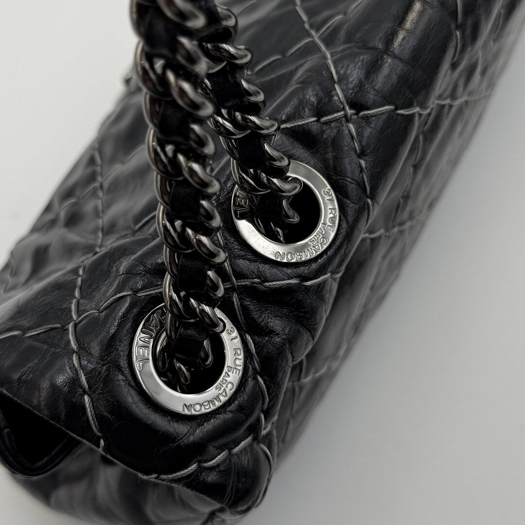 2010 Chanel CC Glazed Wild Stitch Flap Black Shoulder Bag