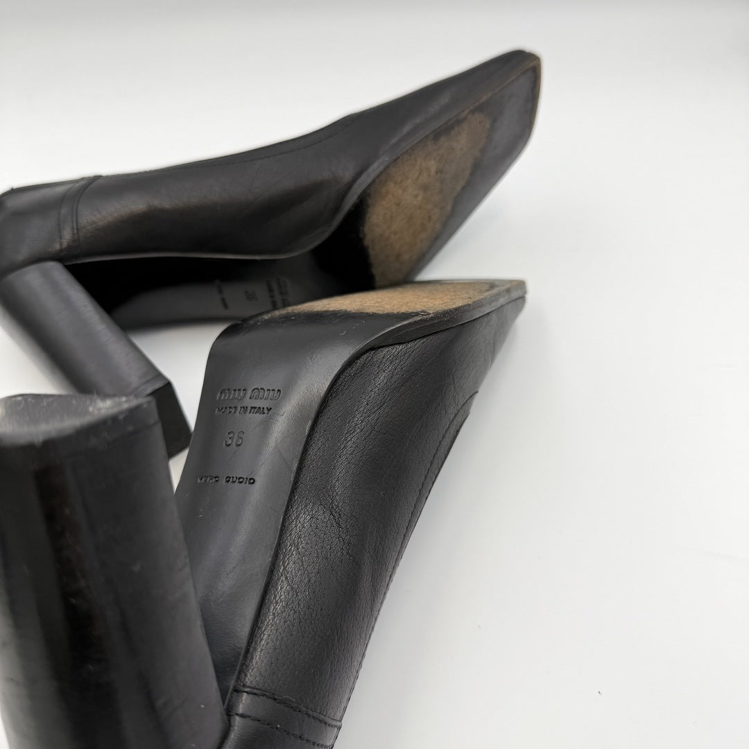 Miu Miu Lace Back Black Leather Block Heels