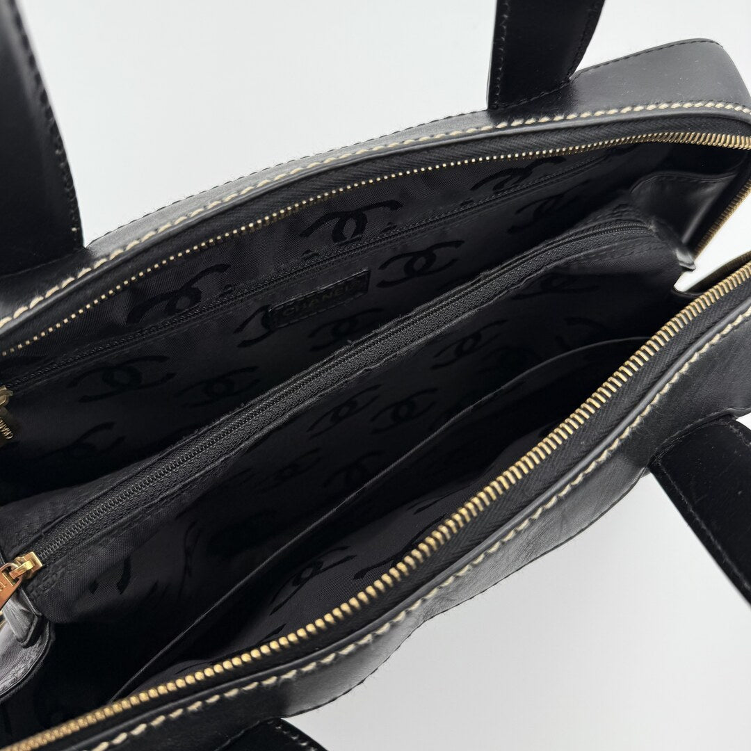 2002 Chanel CC Surpique Wild Stitch Black Leather Handbag