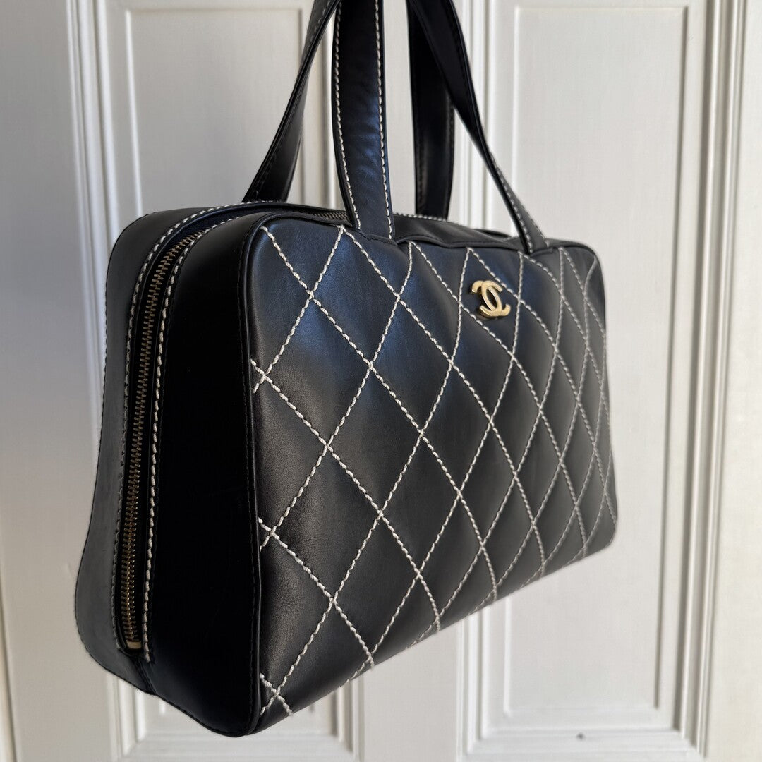 2002 Chanel CC Surpique Wild Stitch Black Leather Handbag