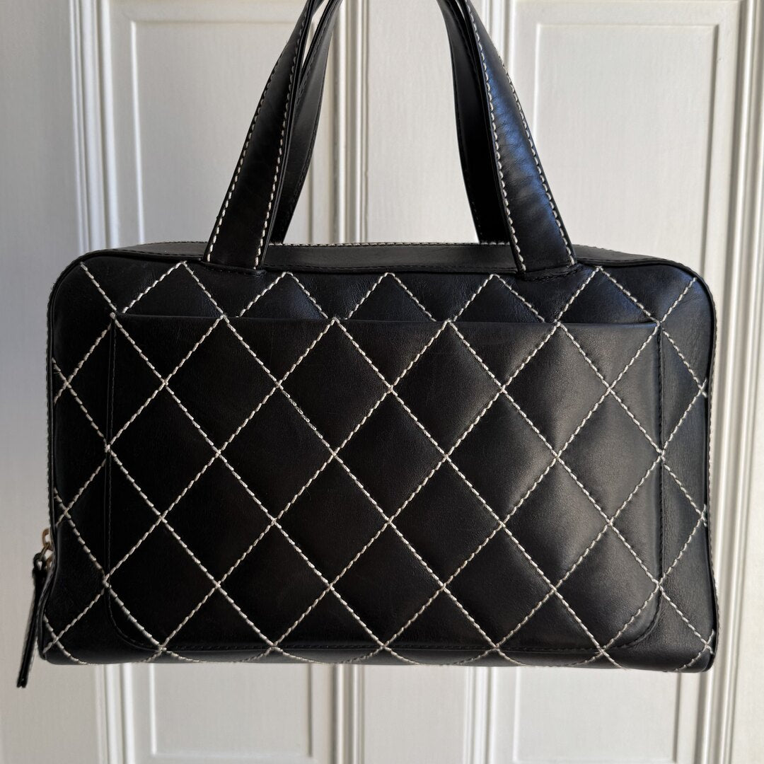 2002 Chanel CC Surpique Wild Stitch Black Leather Handbag
