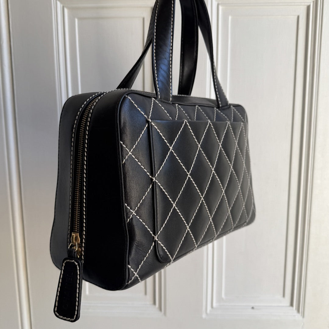 2002 Chanel CC Surpique Wild Stitch Black Leather Handbag