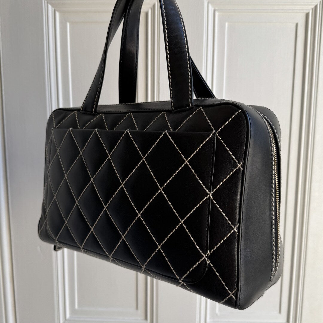 2002 Chanel CC Surpique Wild Stitch Black Leather Handbag