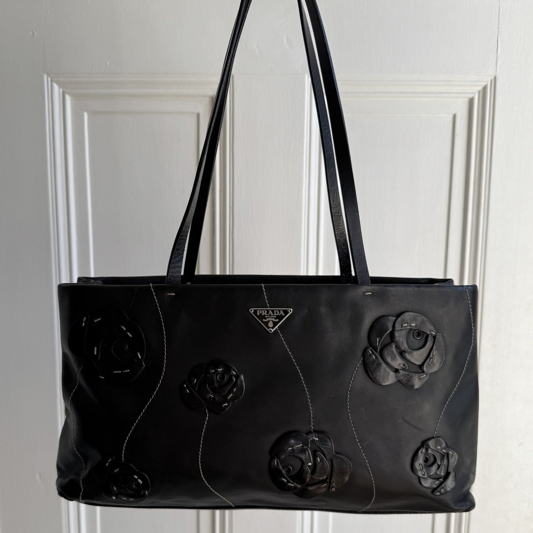 2000 Prada Floral Leather Black Shoulder Bag