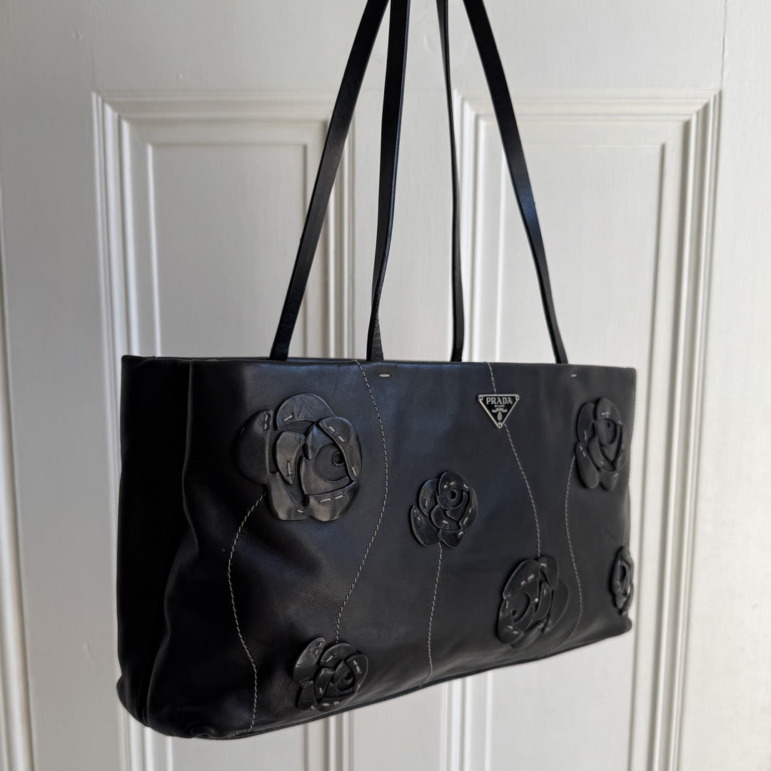 2000 Prada Floral Leather Black Shoulder Bag