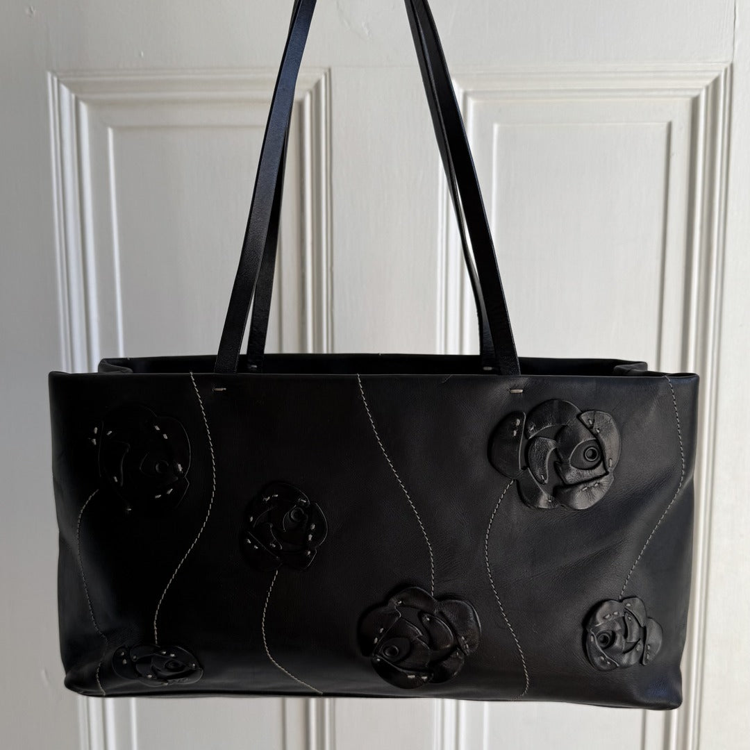2000 Prada Floral Leather Black Shoulder Bag