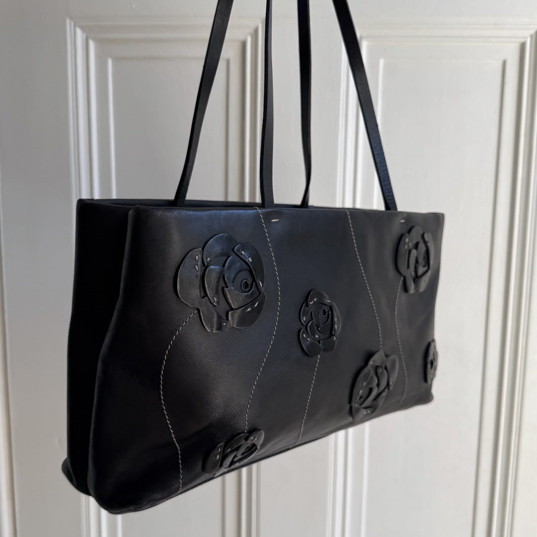 2000 Prada Floral Leather Black Shoulder Bag