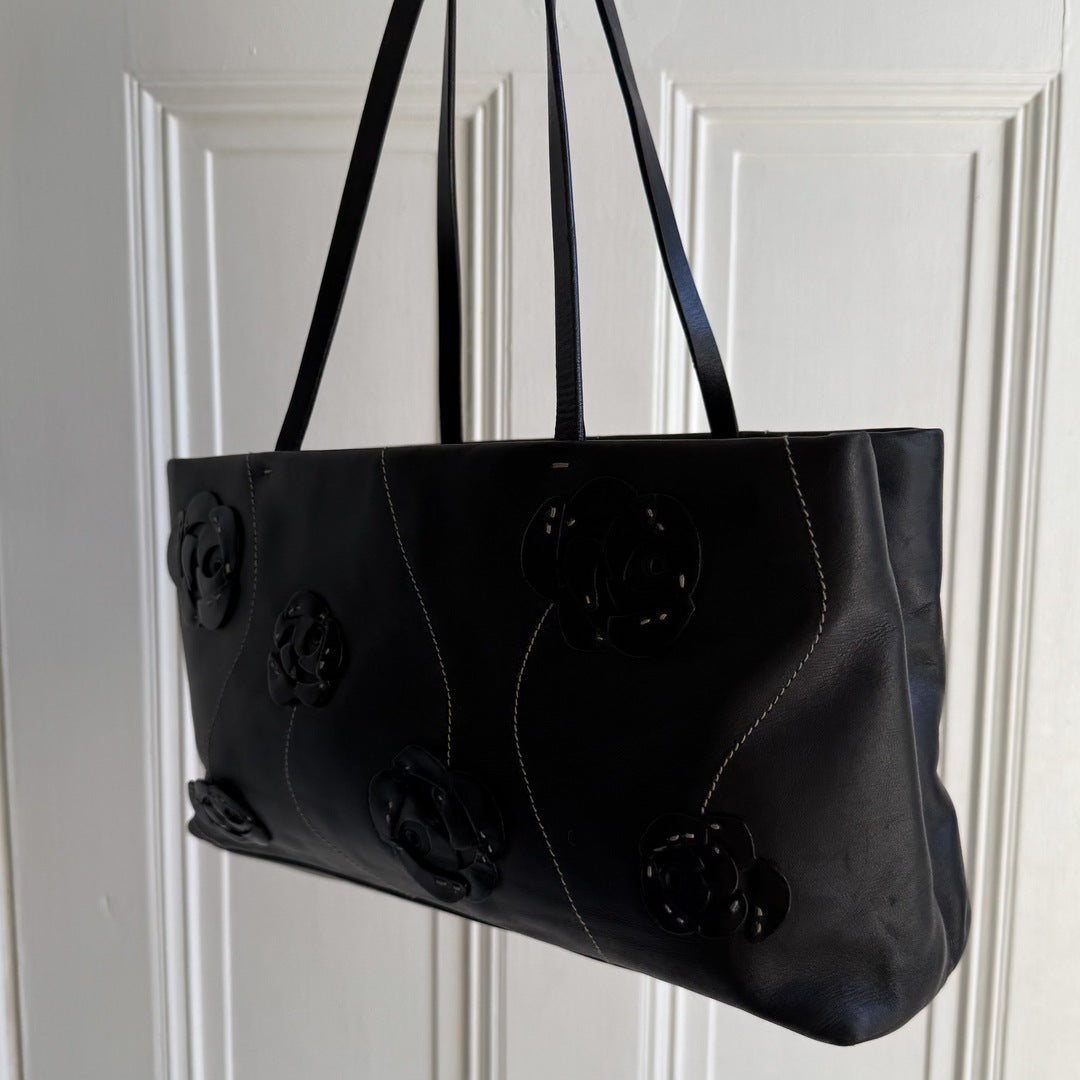 2000 Prada Floral Leather Black Shoulder Bag
