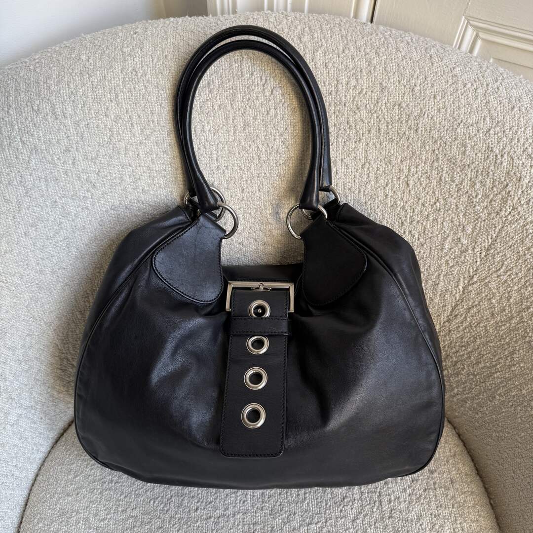 2002 Prada XL Moon Black Leather Shoulder Bag