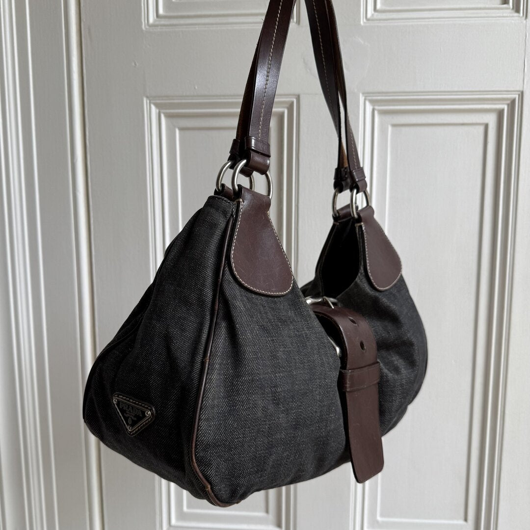 Prada Moon Denim Brown Leather Shoulder Bag