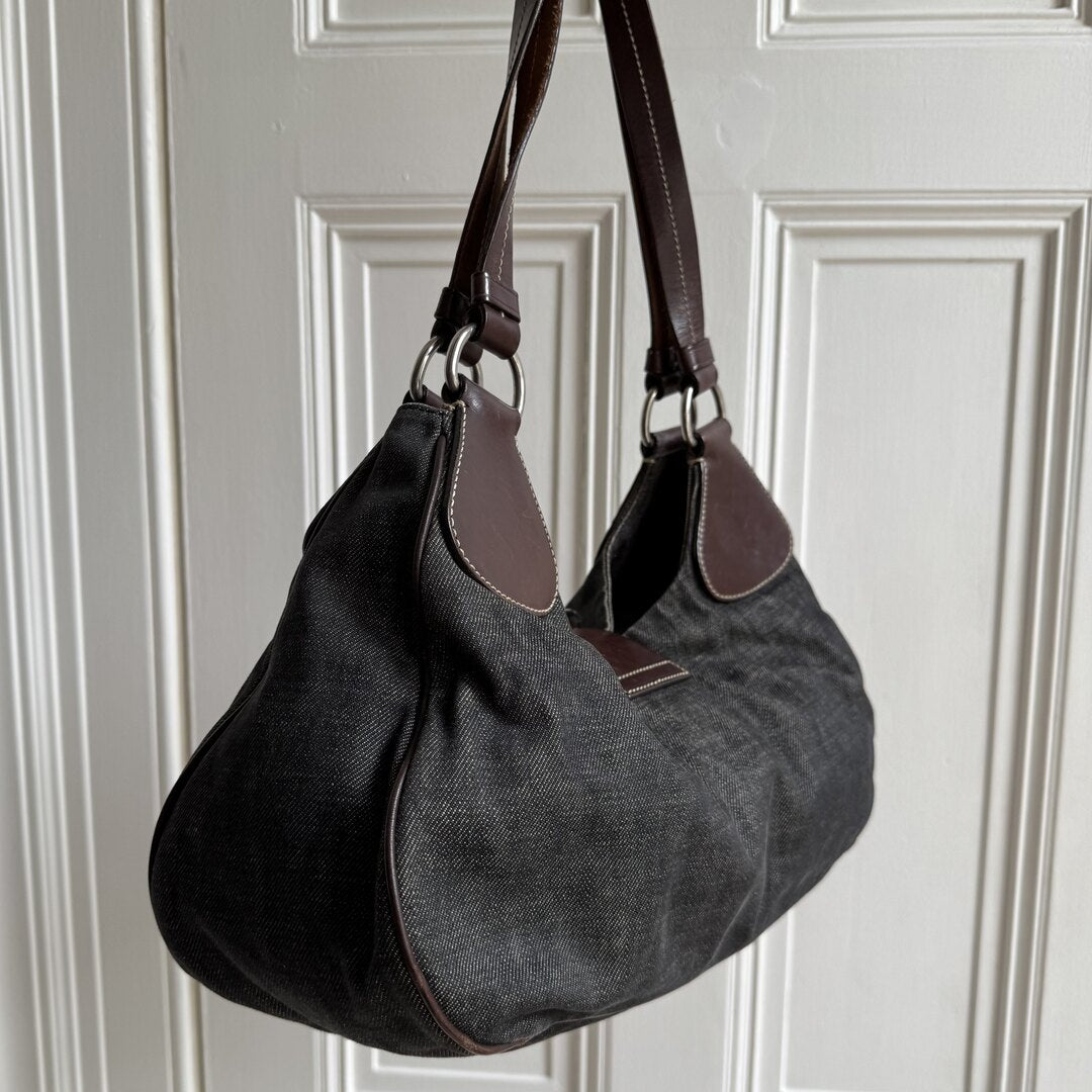 Prada Moon Denim Brown Leather Shoulder Bag