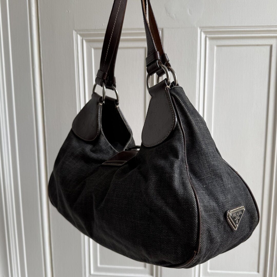 Prada Moon Denim Brown Leather Shoulder Bag