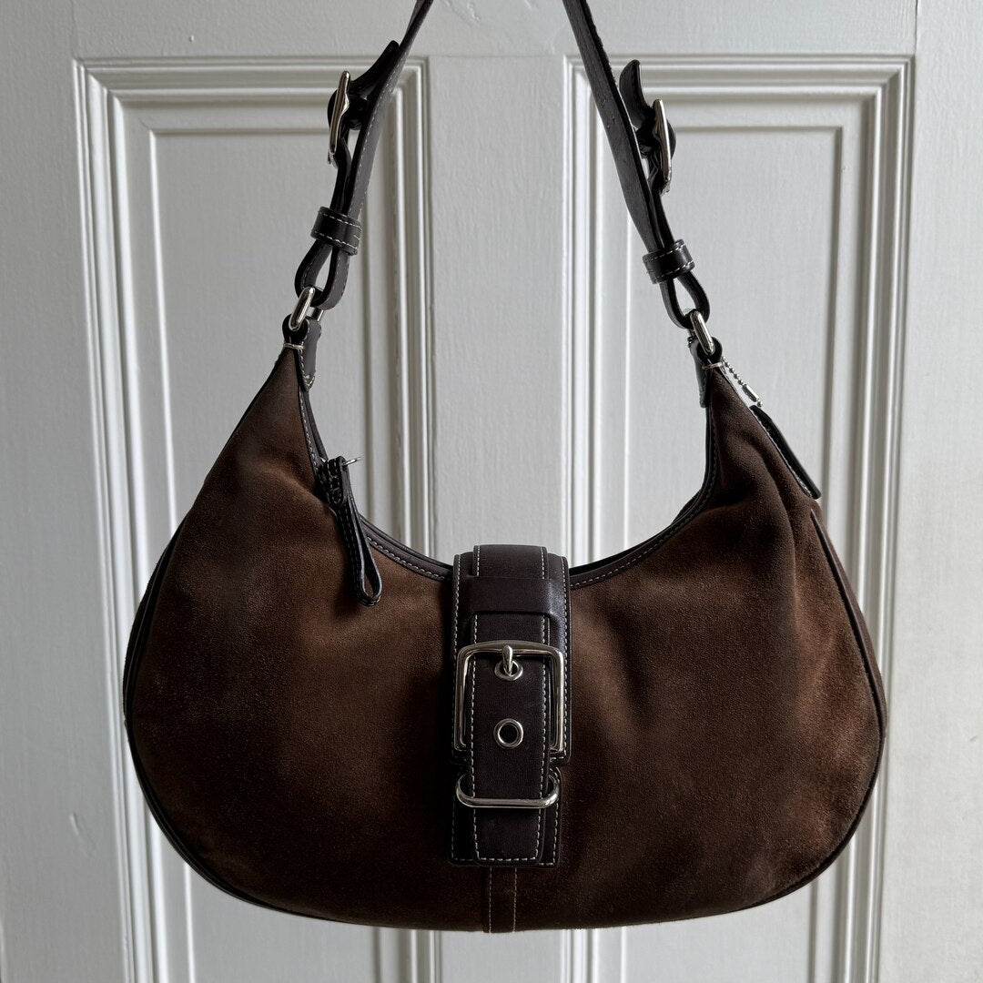 Coach Suede Leather Brown Hobo Buckle Shoulder Bag