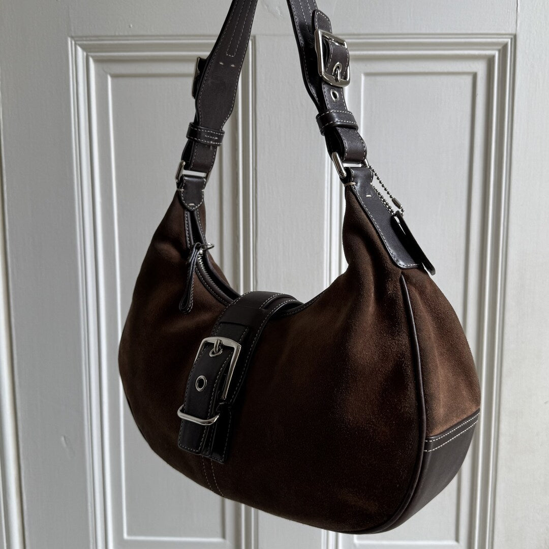 Coach Suede Leather Brown Hobo Buckle Shoulder Bag