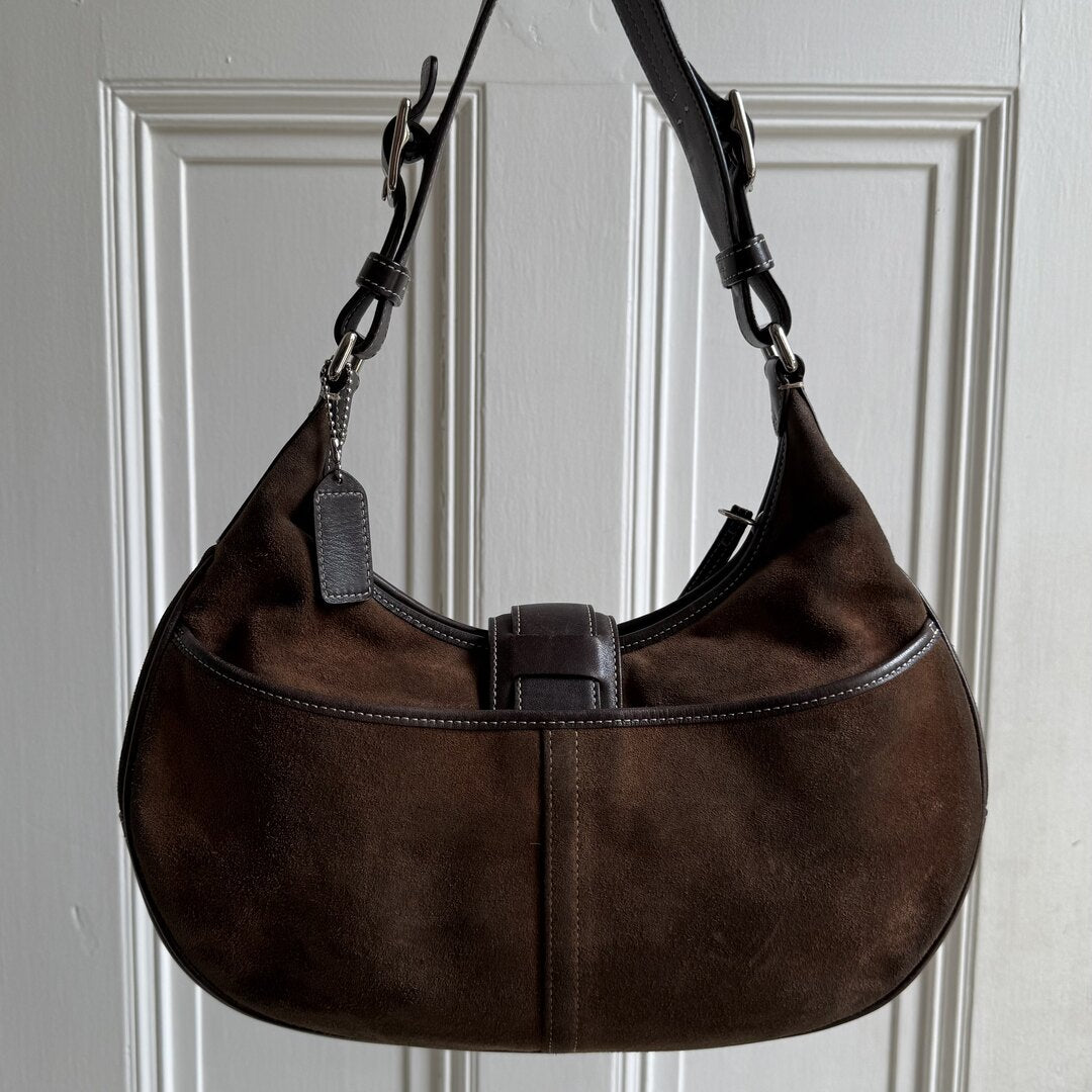 Coach Suede Leather Brown Hobo Buckle Shoulder Bag