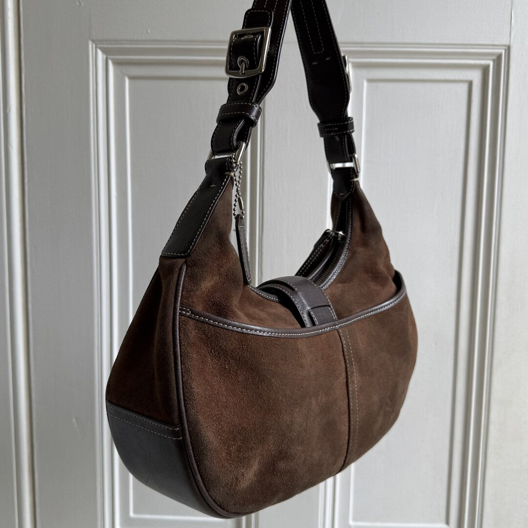 Coach Suede Leather Brown Hobo Buckle Shoulder Bag