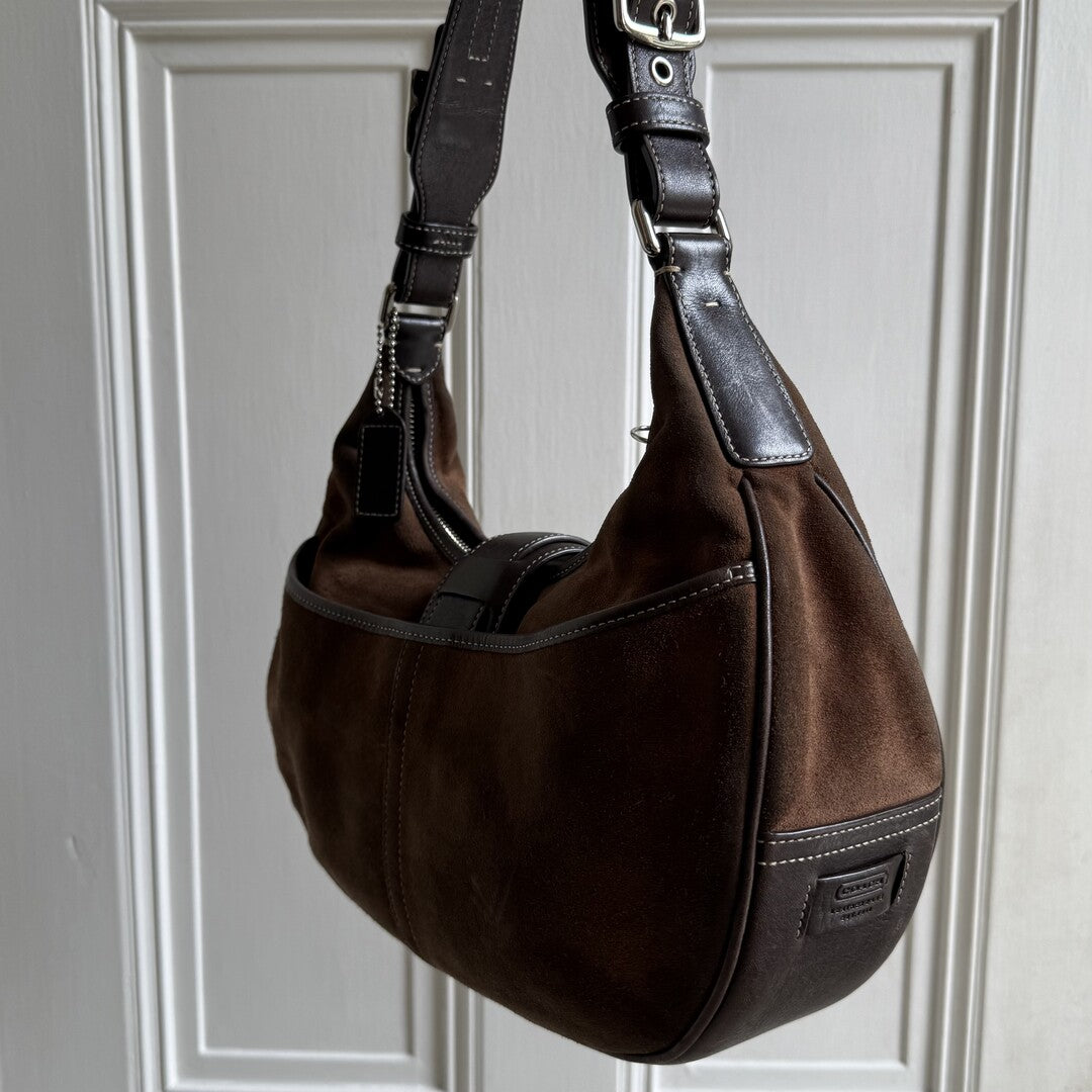 Coach Suede Leather Brown Hobo Buckle Shoulder Bag