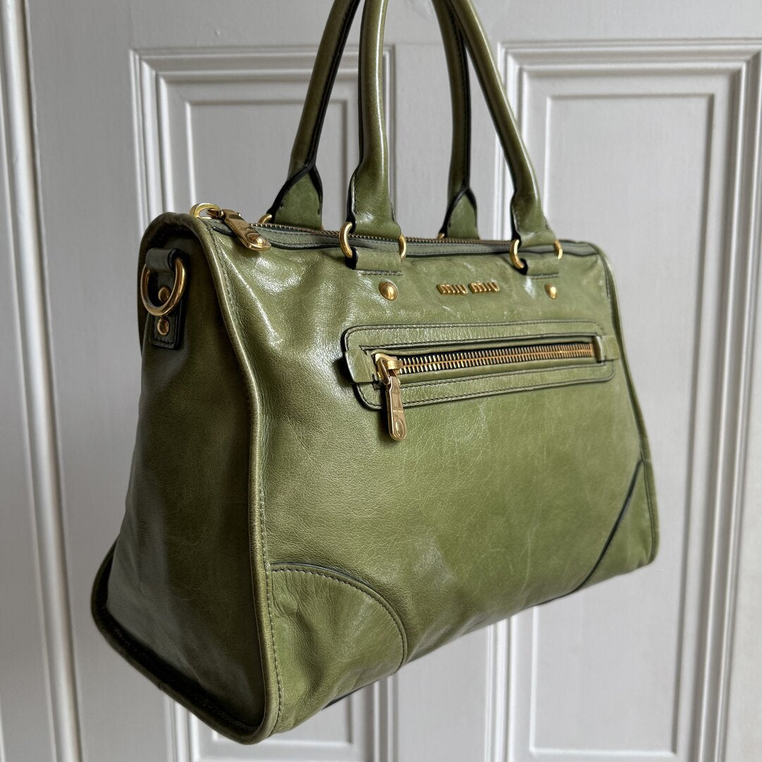 Miu Miu Vitello Shine Green Leather Handbag