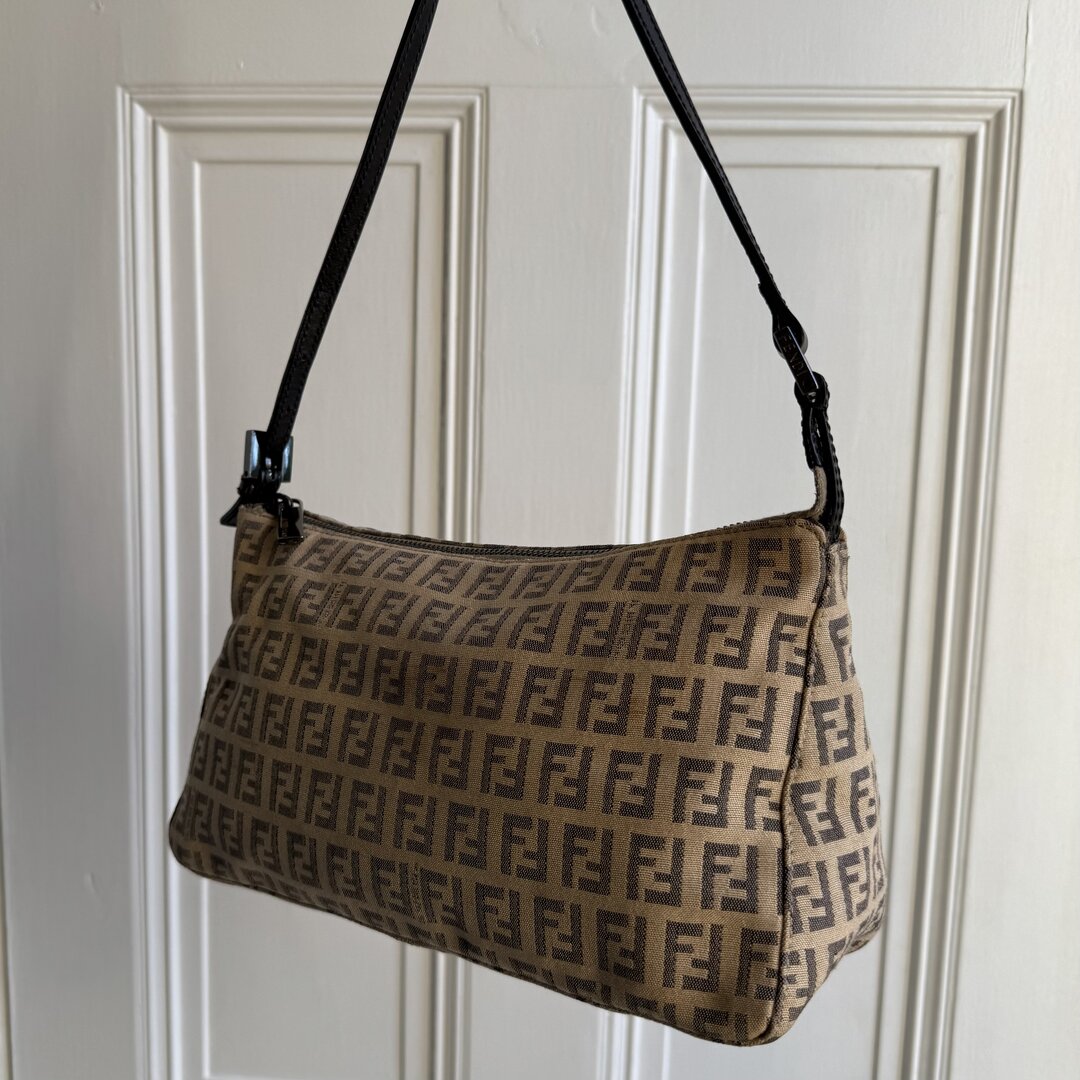 Fendi Zucchino Canvas Beige Shoulder Bag