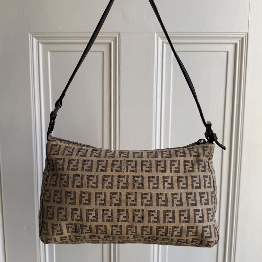 Fendi Zucchino Canvas Beige Shoulder Bag