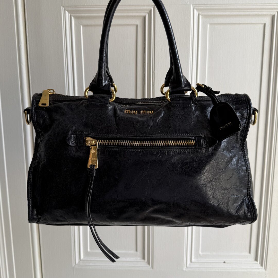 Miu Miu Vitello Shine Black Leather Handbag