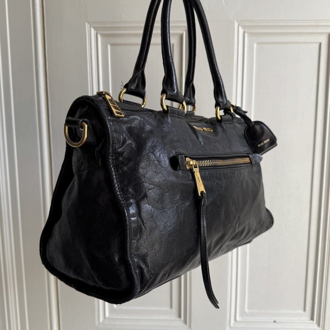 Miu Miu Vitello Shine Black Leather Handbag