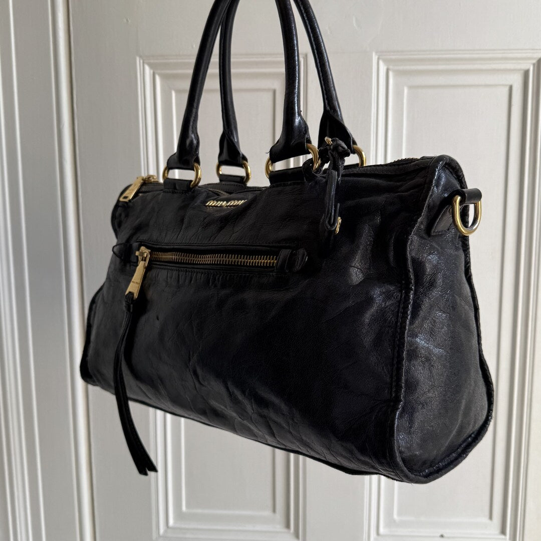 Miu Miu Vitello Shine Black Leather Handbag