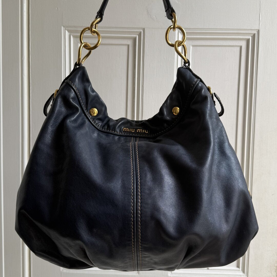 Miu Miu Hobo Leather Navy Shoulder Bag