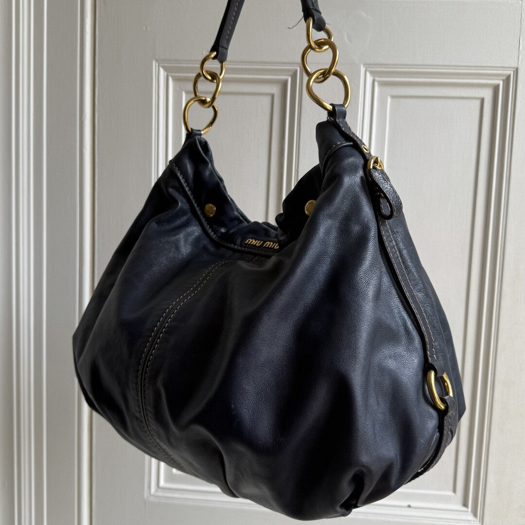 Miu Miu Hobo Leather Navy Shoulder Bag