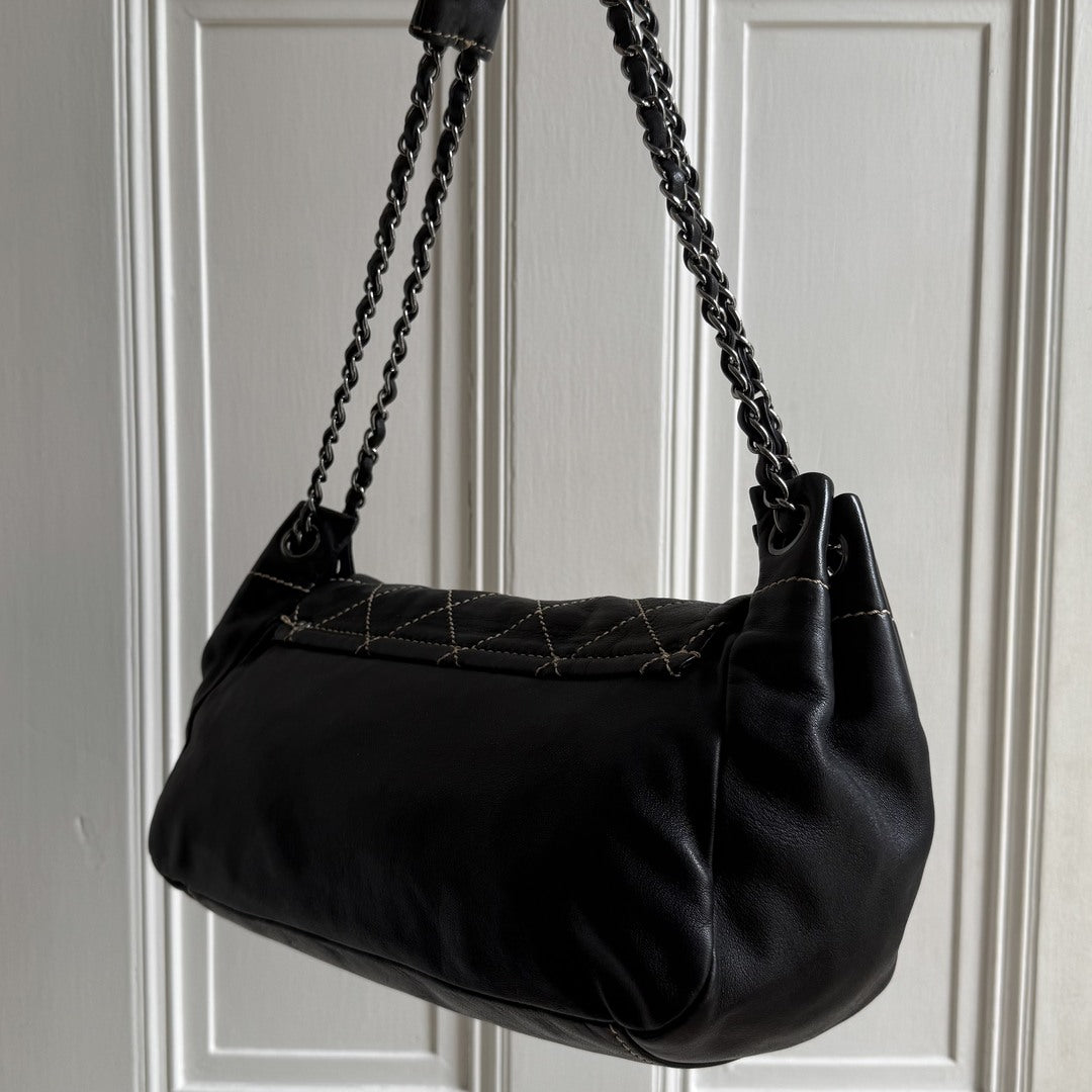 2004 Chanel CC Wild Stitch Surpique Chain Flap Black Shoulder Bag
