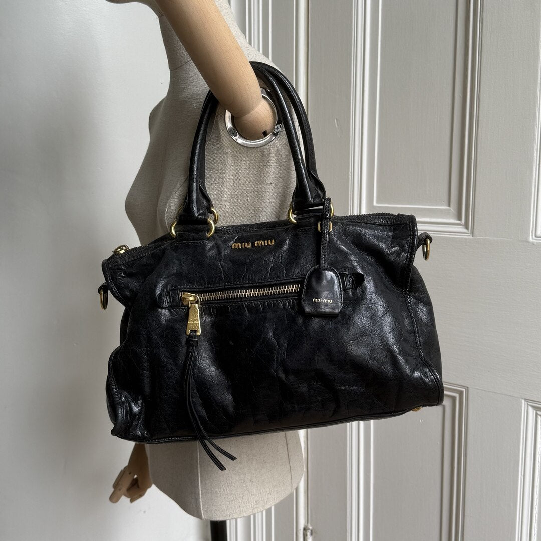 Miu Miu Vitello Shine Black Leather Handbag