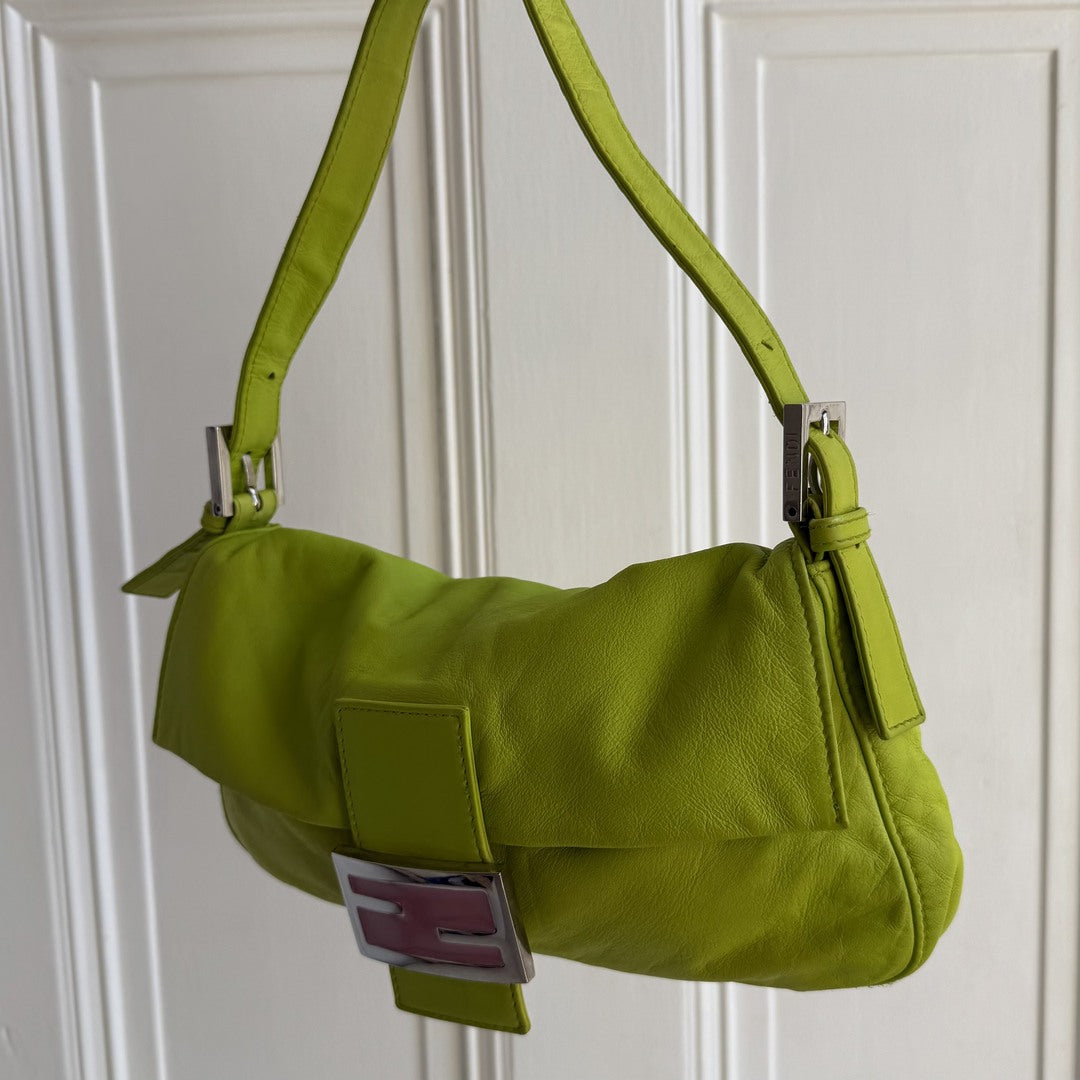 Fendi Mamma Baguette Green Leather Shoulder Bag