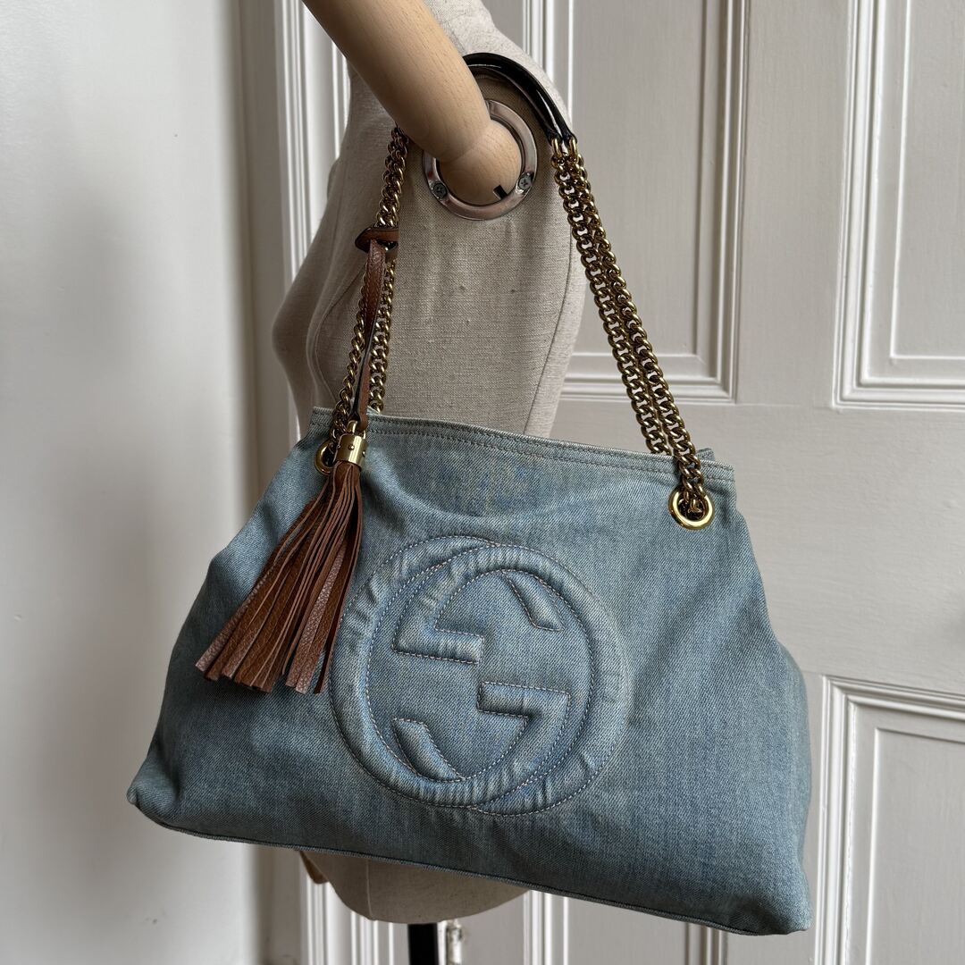 Gucci Soho Chain Denim Blue Tote Bag